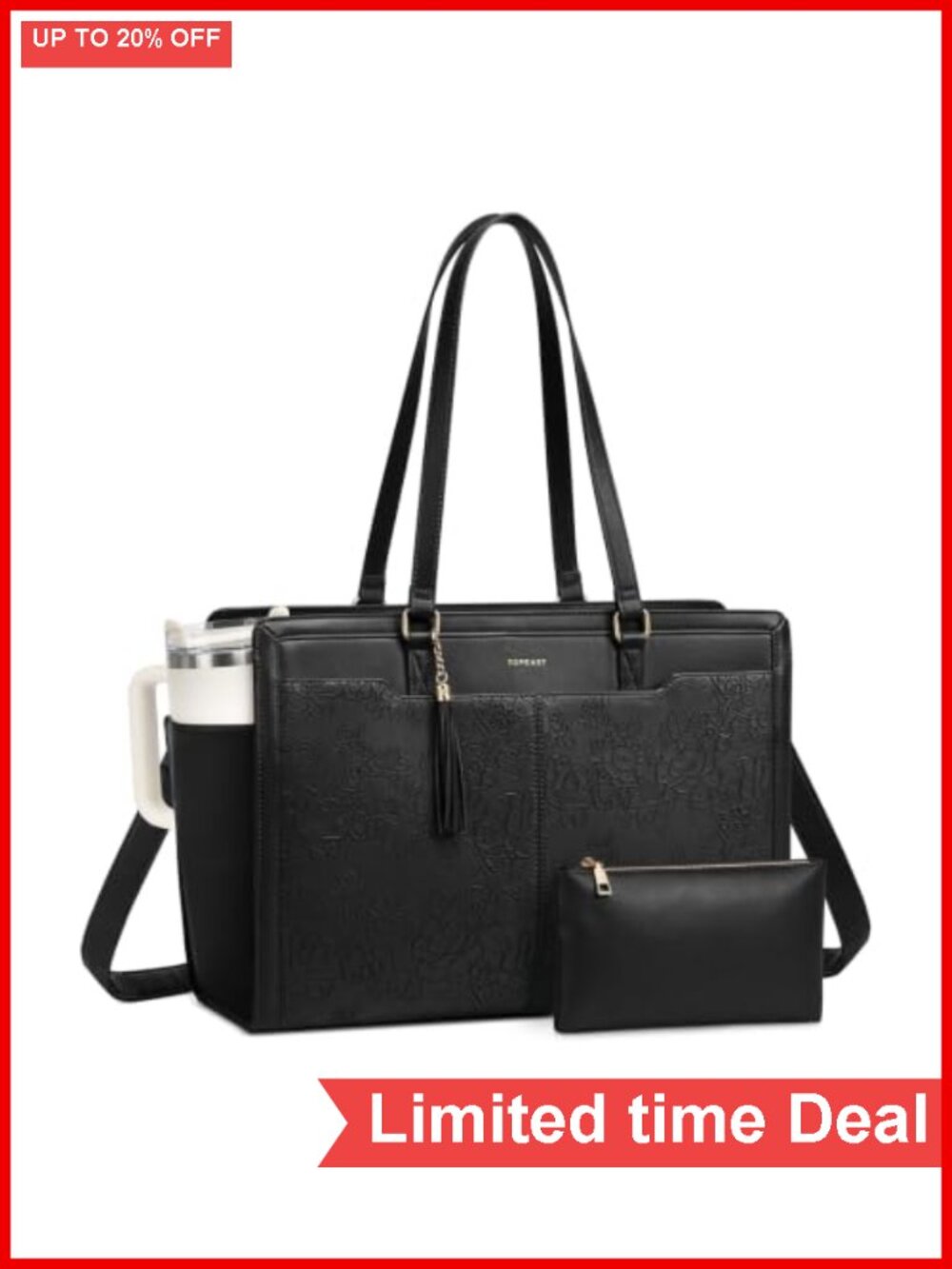 Vintage Faux Leather Laptop Tote Bag for Women, 15.6" Work Tote with Cup Holder